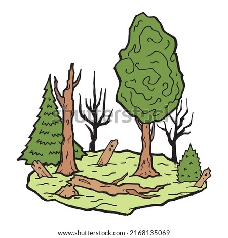 Island full of forest and wood, hand drawn outline illustration. Green land full of plants bush and branches pen drawn symbol. Isolated cartoonish field garden full of trees, hand made sketch drawing.