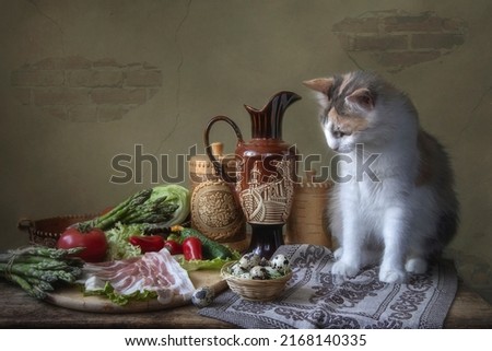 Still life with asparagus  and bacon and curious kitty