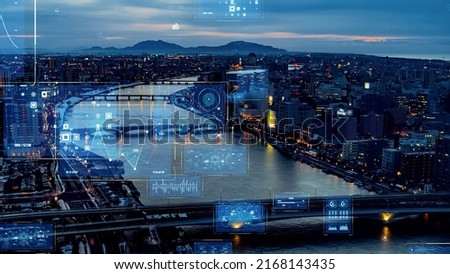 Modern city and communication network concept. IoT (Internet of Things). Smart city. Digital transformation. Royalty-Free Stock Photo #2168143435