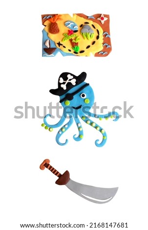 Pirate cartoon handmade set collection isolated on white background. Treasure map, octopus funny character and knife dagger. Childish cute craft game play art