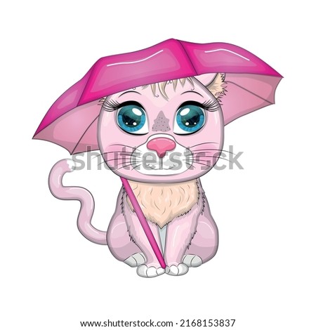Cartoon cat with an umbrella in the rain. Autumn is coming. Cute child character, symbol of 2023 new chinese year