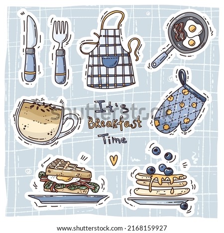 cute stickers. vector illustration with food and drink. Breakfast elements.Cute art for cards, prints.