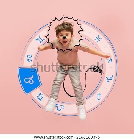 Leo. Thematic image of cute kid with drawing of zodiac signs isolated on pink background with pencil sketches. Concept of birthday, person's character, year, horoscope. Design for card, cover
