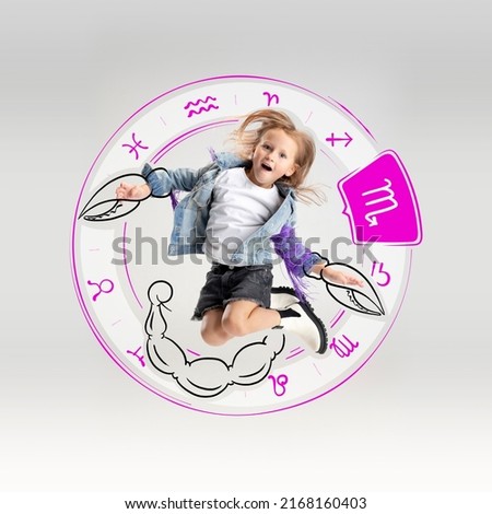 Scorpio. Happy little girl with drawing of zodiac signs isolated on light background with pencil sketches. Concept of birthday, person's character, year, horoscope. Design for greeting card