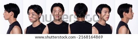 Half body Face of Asian Teenager Boy, 360 front side rear back view, wear black shirt short pant sneaker. Sport man stand and show muscle athlete over white background isolated Royalty-Free Stock Photo #2168164869