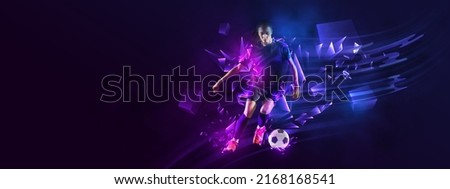 Female soccer. Creative artwork with football player in motion and action with ball isolated on dark background with polygonal and fluid neon elements. Concept of art, creativity, sport, energy and