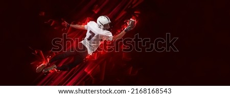 Flight. Bright poster with american football player in motion and action isolated on dark background with polygonal and fluid neon elements. Concept of art, creativity, sport, energy and power