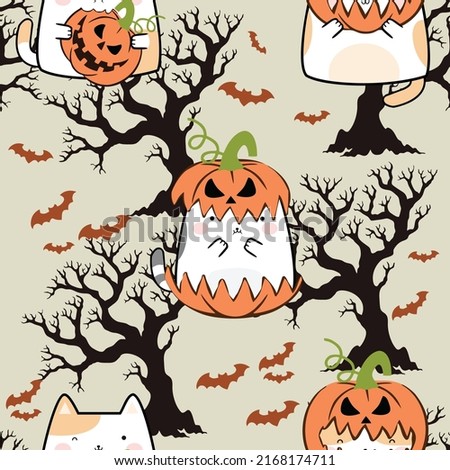 Seamless pattern cute pumpkin cats. Silhoutte of scary bat and tree. Design for background, wallpaper, wrapping, printing, fabric, apparel and all your creative projects