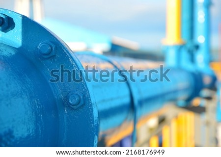 Water steel pipe close up image. Select focus of drink water piping. Flange Pipe Fitting with copy space. Royalty-Free Stock Photo #2168176949