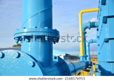 Water steel pipe close up image. Select focus of drink water piping. Flange Pipe Fitting with copy space. Royalty-Free Stock Photo #2168176951
