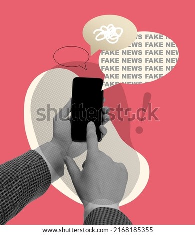 Contemporary art collage. Conceptual image with male hand typing on phone screen, reading fake news, rumors isolated on pink background. Concept of creativity, mass media influence, information, news.