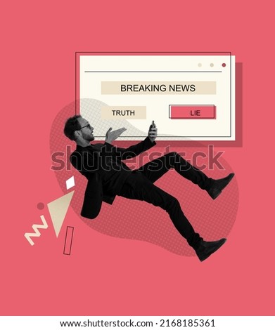 Contemporary art collage. Conceptual image with young man choosing to red wrong information, lie isolated over pink background. Concept of creativity, mass media influence, information, news.