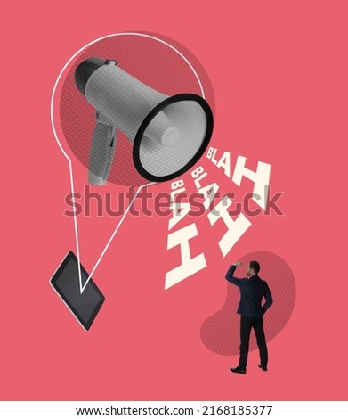 Contemporary art collage. Conceptual image. Man standing in front of giant megaphone spreading rumors isolated over pink background. Concept of creativity, mass media influence, information, news.