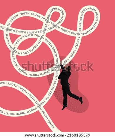 Contemporary art collage. Conceptual image with young man holding string with truth lettering isolated over pink background . Concept of creativity, influence, information, news. Copy space for ad