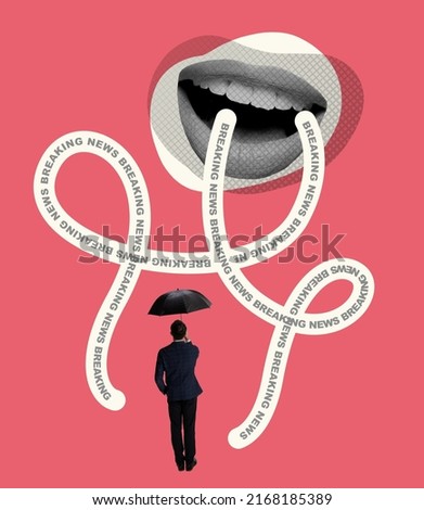 Contemporary art collage. Conceptual image. Man standing under umbrella, hiding from talking female mouth spreading fakes. Concept of creativity, influence, information, news. Copy space for ad