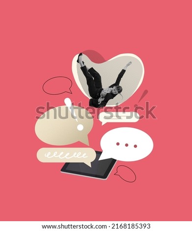 Contemporary art collage. Conceptual image. Young girl falling down on tablet isolated on pink background. Disinformation. Manipulation. Concept of creativity, mass media influence, information, news. Royalty-Free Stock Photo #2168185393