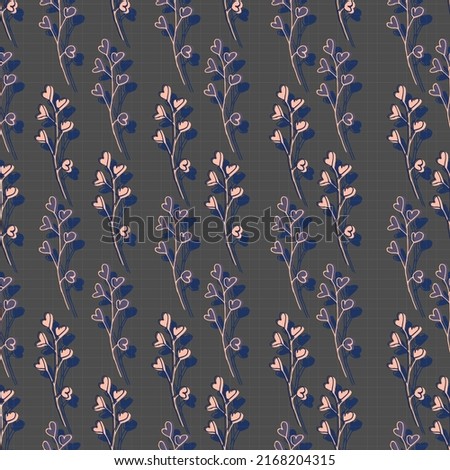 thin leaves hearts twigs with foliage botanical vector seamless pattern