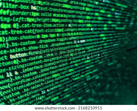Software developer programming code on computer monitor. Matrix byte of binary data rian code running abstract background in dark blue digital style. Software developer programming code