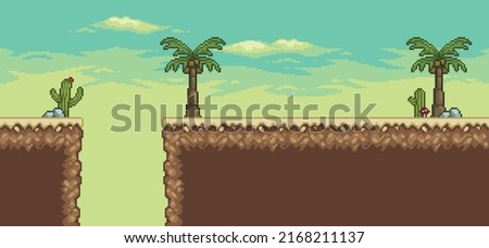 Pixel art desert game scene with palm tree, cactuses, 8bit background vector