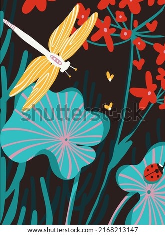 Flowers Summer time. Set posters with summer flowers and bright backgrounds, abstract birds, butterflies, gardening and nature. Illustration vector for banner, postcard, poster or postcar