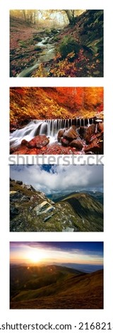 scenic nature collection landscapes in the mountains, winter, summer and autumn season, location, Europe, Ukraine, Carpathian mountains