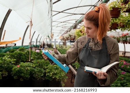 Worried woman controls the readings of measuring instruments (hygrometer and thermometer) in an industrial greenhouse Royalty-Free Stock Photo #2168216993