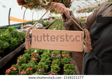 hand of woman holding empty wooden sign in garden mall and greenhouse with space for text