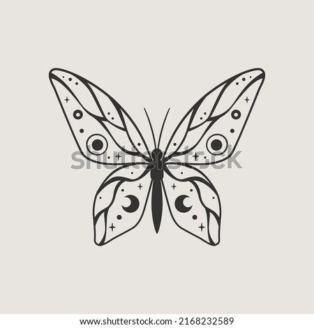 Mystical linear butterfly. Perfect for design of mystical project, card and poster making, decoration clothes and other surfaces.