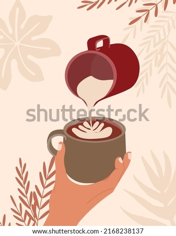 Hands with coffee mug and  jug. Barista makes coffee with milk. Poster in minimalist retro style.