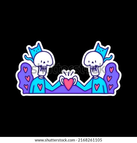 Cute skulls character with cat showing love symbol, illustration for t-shirt, sticker, or apparel merchandise. With doodle, retro, and cartoon style.