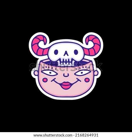 Funny devil skull inside the human head, illustration for t-shirt, sticker, or apparel merchandise. With doodle, retro, and cartoon style.