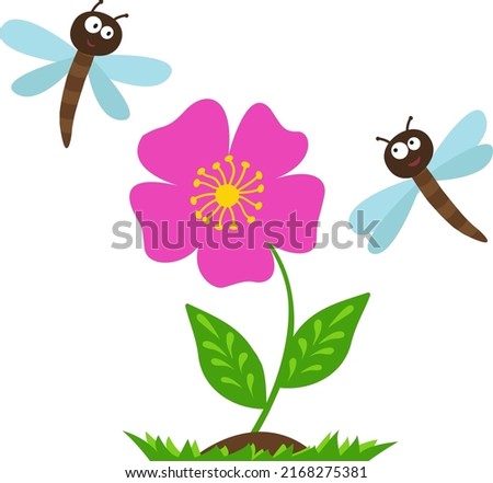 Vector background with flowers and flies. Cute children's illustration.