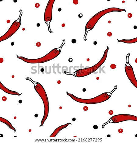 Chili pepper and black pepper pattern for restaurant bar cafe menu Vector illustration doodles Royalty-Free Stock Photo #2168277295