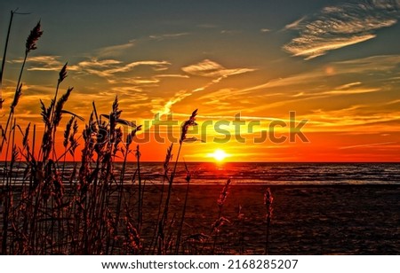 Sunset over sea horizon. Sea horizon at sunset. Sunset sea horizon. Sunset sky landscape Royalty-Free Stock Photo #2168285207