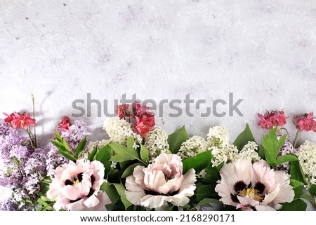 soft focus Abstract floral composition with place for text, still life, spring, summer banner, beautiful spring flowers on a light background, Mother's day card, women's day, valentine's day, happy birthday