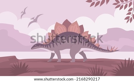 Stegosaurus with spikes on the tail. Herbivorous dinosaur of the Jurassic period. Prehistoric wildlife landscape. Cartoon vector illustration