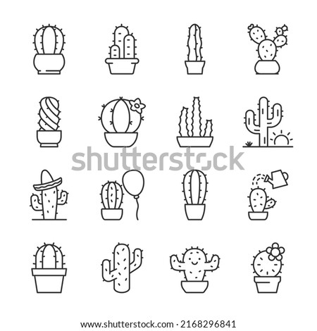 Cactus icons set. Cacti, plants of different shapes, with a flower, in a pot, etc., linear icon collection. Line with editable stroke Royalty-Free Stock Photo #2168296841