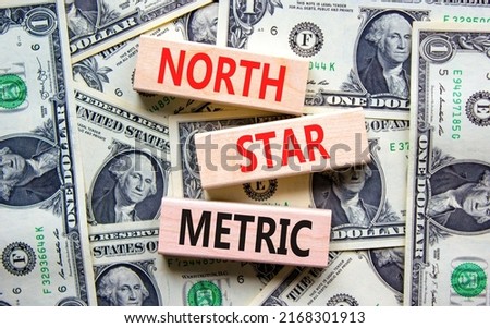North star metric symbol. Concept words North star metric on wooden blocks on a beautiful background from dollar bills. Business finacial and north star metric concept. Copy space.