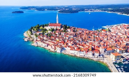 Rovinj, Croatia. Aerial drone view of historical center of Rovigno old town and Adriatic Sea, Istria region, Europe. Travel background concept.