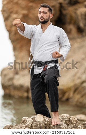 Karate master in kimono on a rock throwing a punch with a black belt with the Japanese word "Bushido" written on it. Royalty-Free Stock Photo #2168319161