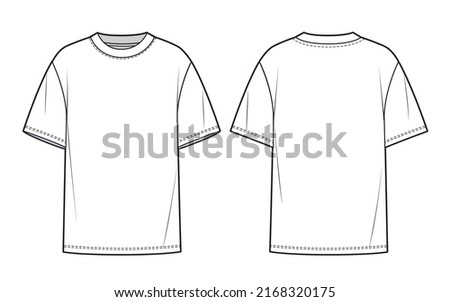 Overfit Tee shirt fashion flat tehnical drawing template. Unisex T-Shirt fashion CAD, front, back view, white color.