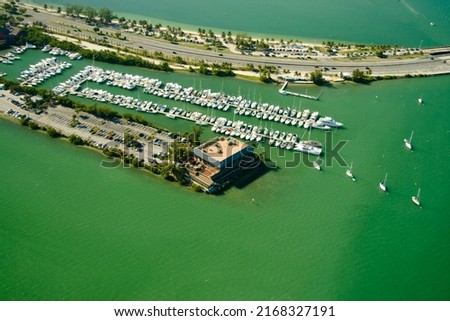 Aerial shots of many boats on Marinas in Miami, Florida