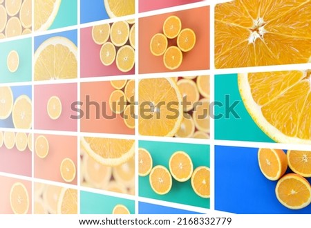 A collage of many pictures with juicy oranges. Set of images with fruits on backgrounds of different colors