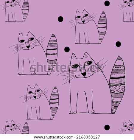 Vector seamless pattern. Cats are drawn with a black outline on a lilac background.