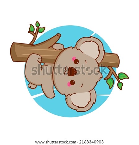 Cute cartoon baby koala hanging on tree. Hand drawn mascot design illustration.