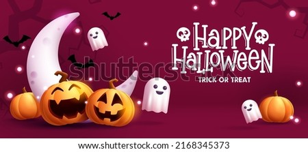 Halloween vector background design. Happy halloween trick or treat text with cute ghost and pumpkins element for spooky yard party celebration. Vector illustration.
