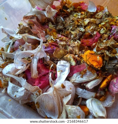 skin of onion, garlic, turmeric, and ginger in a plastic box