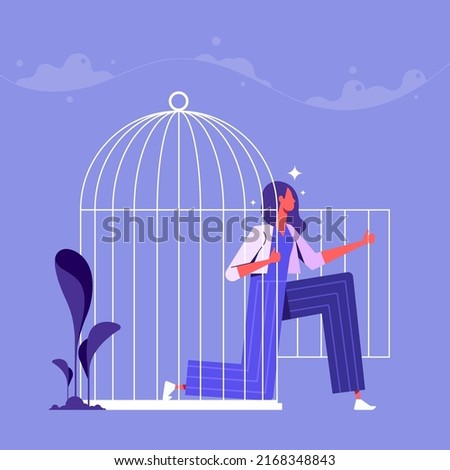 Woman opening cage to become free and escape from mental problems. Freedom and liberation, releasing from anxiety and fear, psychology concept. Flat vector illustration Royalty-Free Stock Photo #2168348843