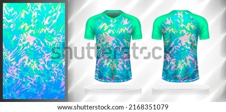 Vector sport pattern design template for T-shirt front and back view mockup. Green-blue-pink color gradient pastel grunge texture background illustration.