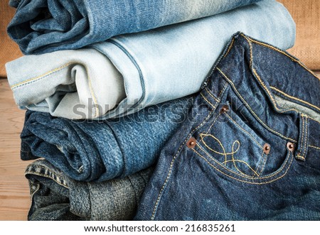Lot of different blue jeans.